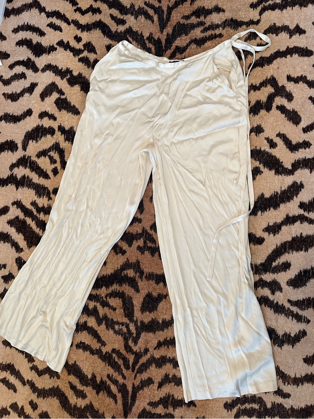 JLUXLABEL Cream Satin Wide-Leg Lounge Pants with Side Tie